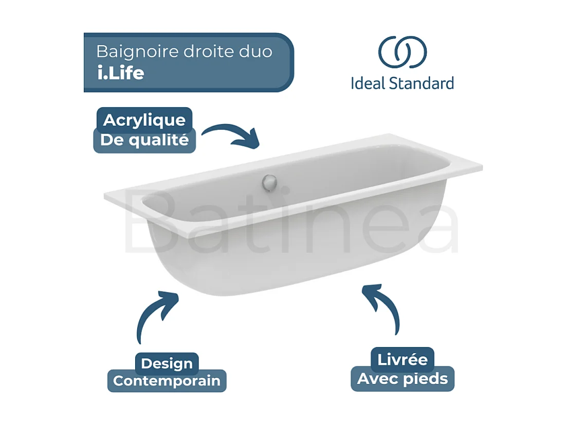 Baignoire droite 180 x 80 IDEAL STANDARD i.life Duo