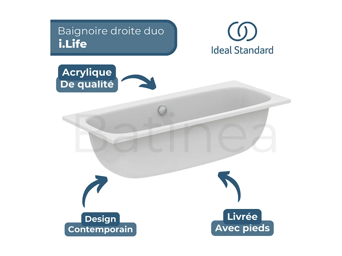 Baignoire droite 180 x 80 IDEAL STANDARD i.life Duo