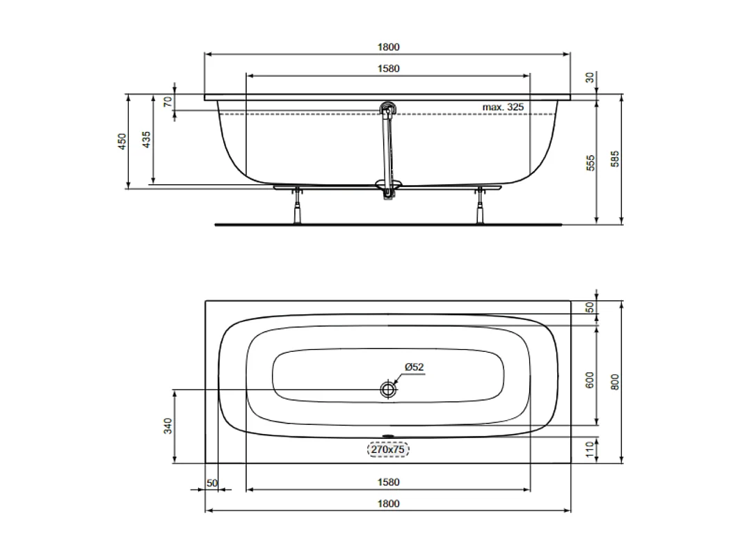 Baignoire droite 180 x 80 IDEAL STANDARD i.life Duo