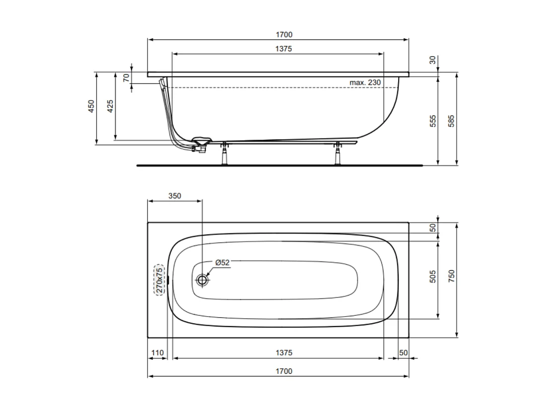 Baignoire droite 170 x 75 IDEAL STANDARD i.life