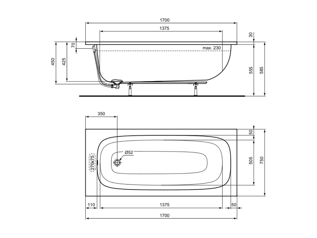 Baignoire droite 170 x 75 IDEAL STANDARD i.life