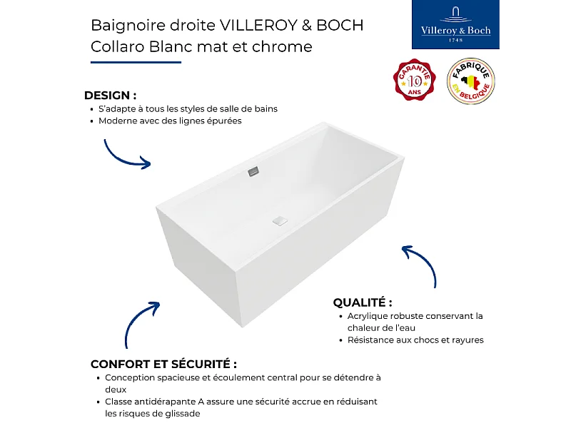 Baignoire droite 160 x 75 VILLEROY & BOCH Collaro acrylique Blanc Mat avec vidage et trop-plein chrome