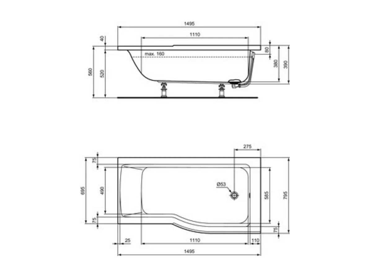 Ideal Standard baignoire pour bain douche 150x80 asymétrique Connect Air gauche blanc