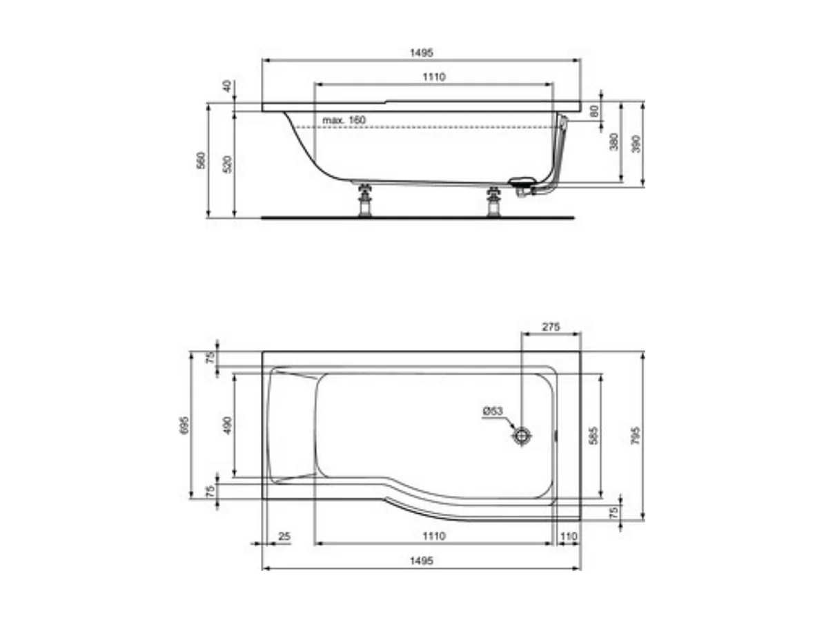 Ideal Standard baignoire pour bain douche 150x80 asymétrique Connect Air droite blanc