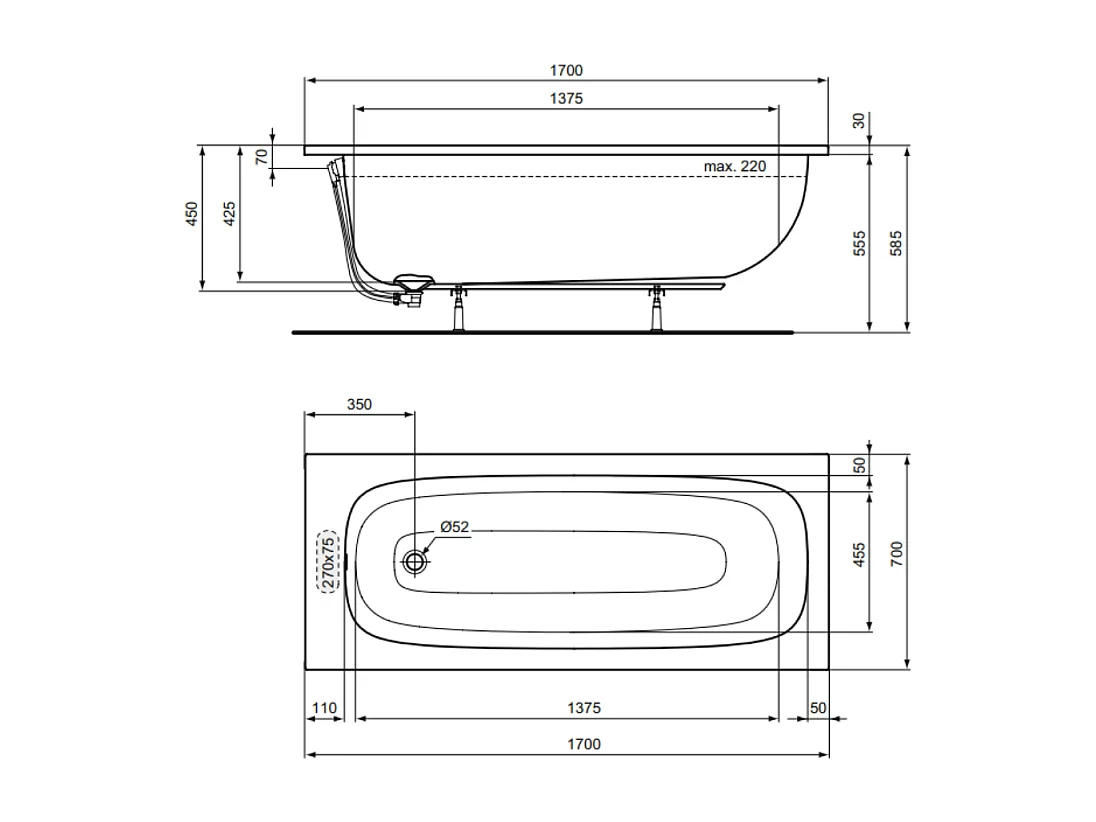 Baignoire droite 170 x 70 IDEAL STANDARD i.life