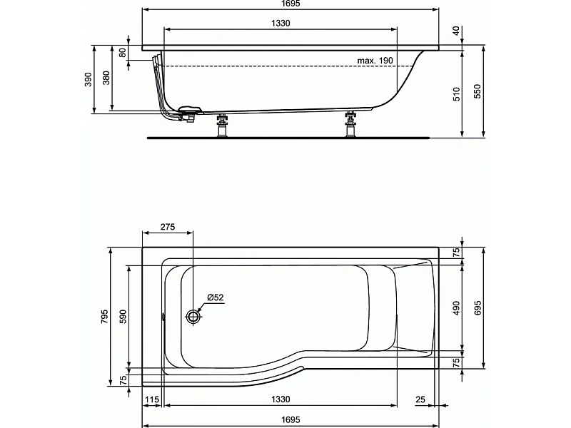 IDEAL STANDARD Baignoire Connect air 170 X 80 avec Pare Bain avec volet asymétrique droite