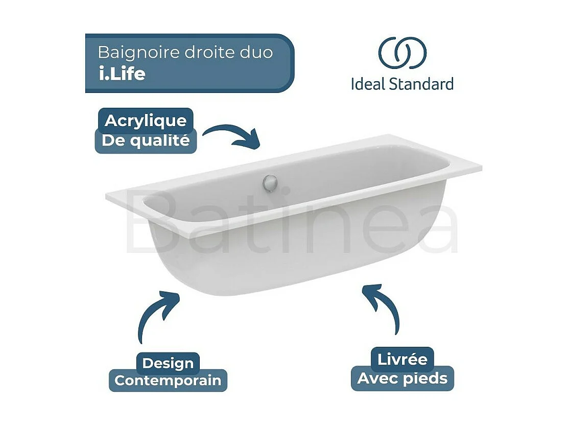 Baignoire droite 170 x 75 IDEAL STANDARD i.life Duo