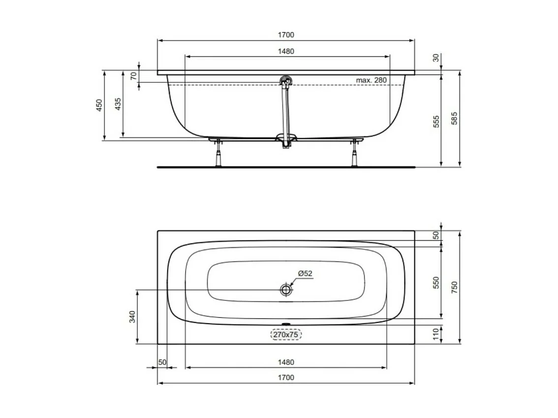 Baignoire droite 170 x 75 IDEAL STANDARD i.life Duo