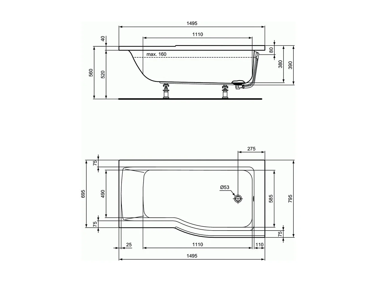IDEAL STANDARD Baignoire Connect air 150 X 80 avec Pare Bain avec volet asymétrique gauche