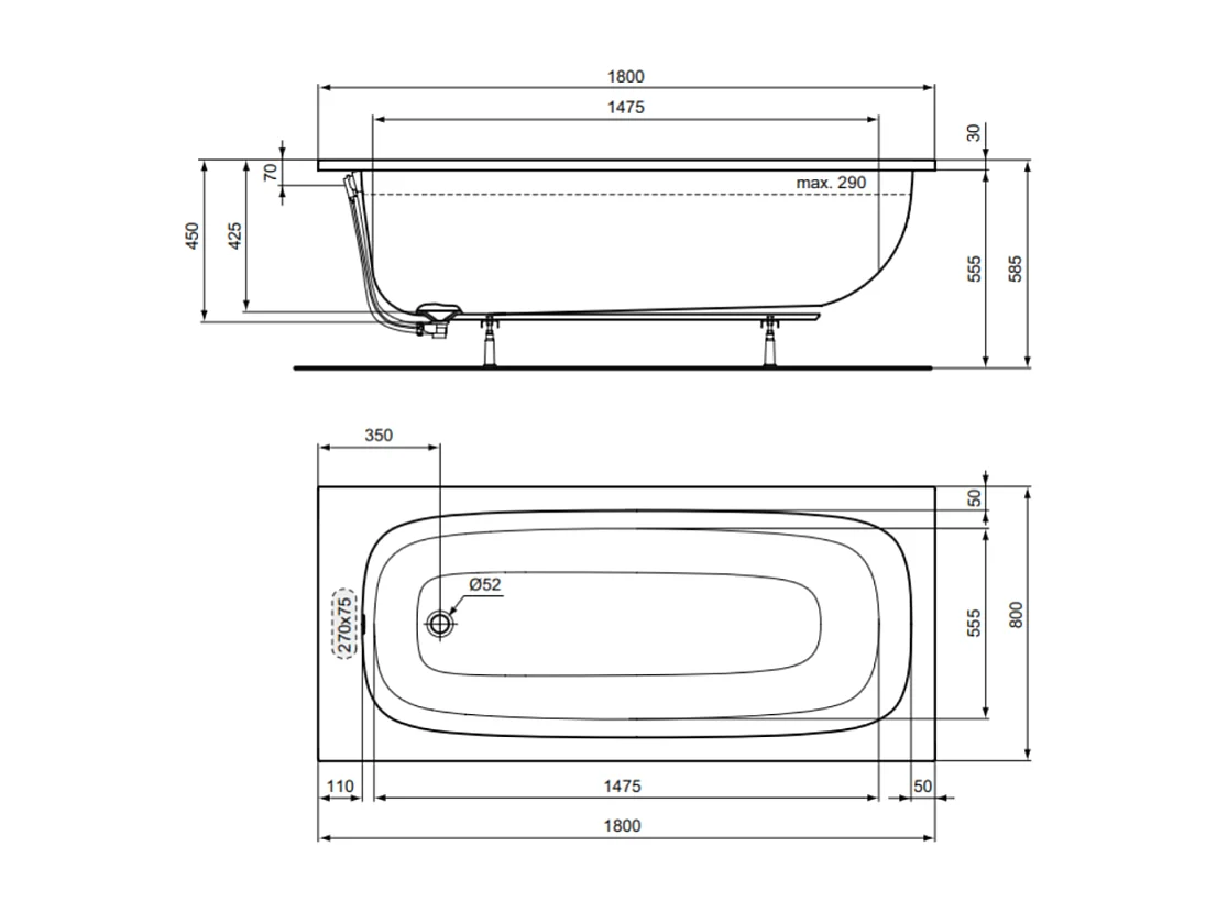 Baignoire droite 180 x 80 IDEAL STANDARD i.Life