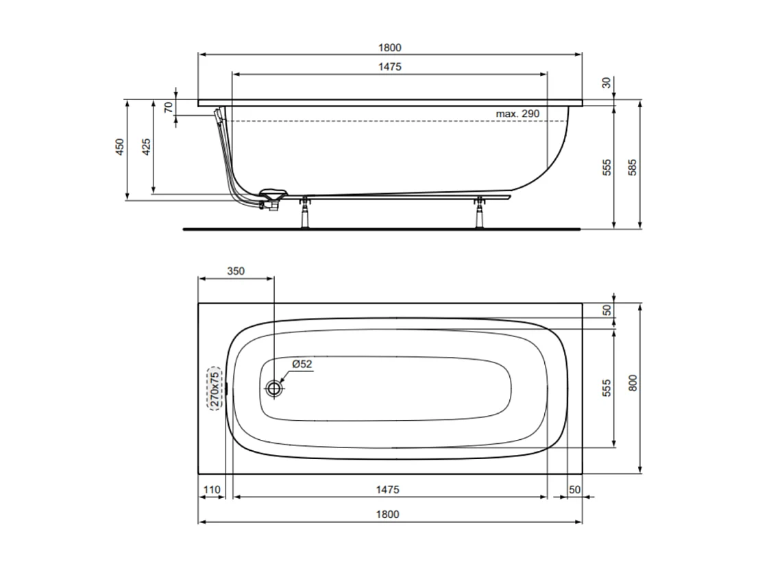 Baignoire droite 180 x 80 IDEAL STANDARD i.Life