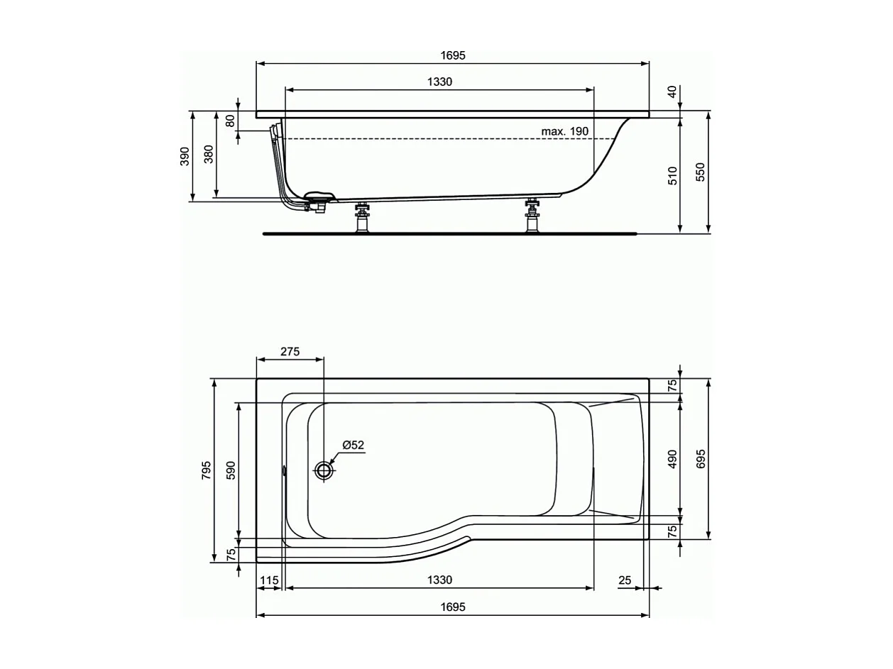 IDEAL STANDARD Baignoire Connect air 170 X 80 avec Pare Bain asymétrique droite