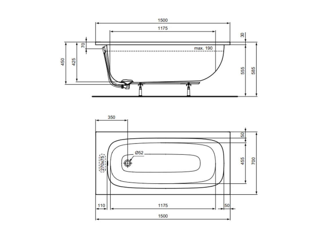 Baignoire droite 150 x 70 IDEAL STANDARD i.life