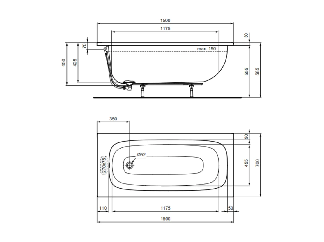 Baignoire droite 150 x 70 IDEAL STANDARD i.life