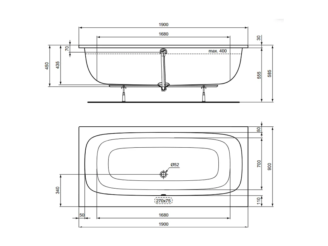 Baignoire droite 190 x 90 IDEAL STANDARD i.life Duo