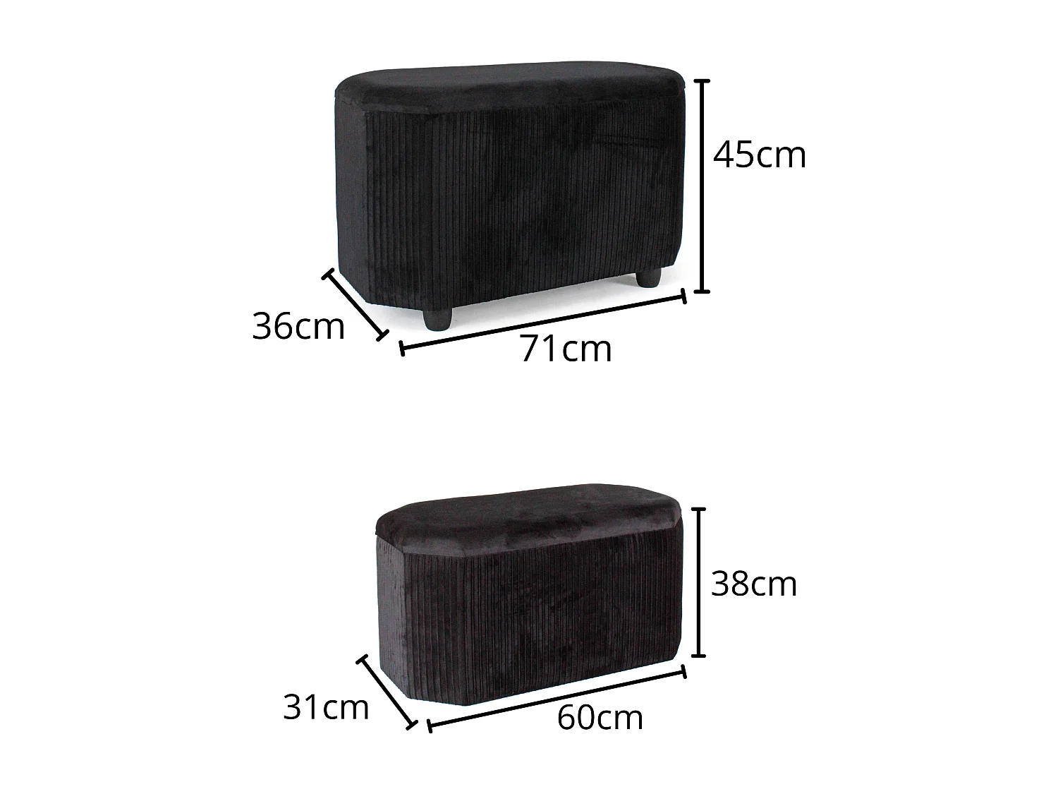 Pouf contenitore in velluto nero in set di 2