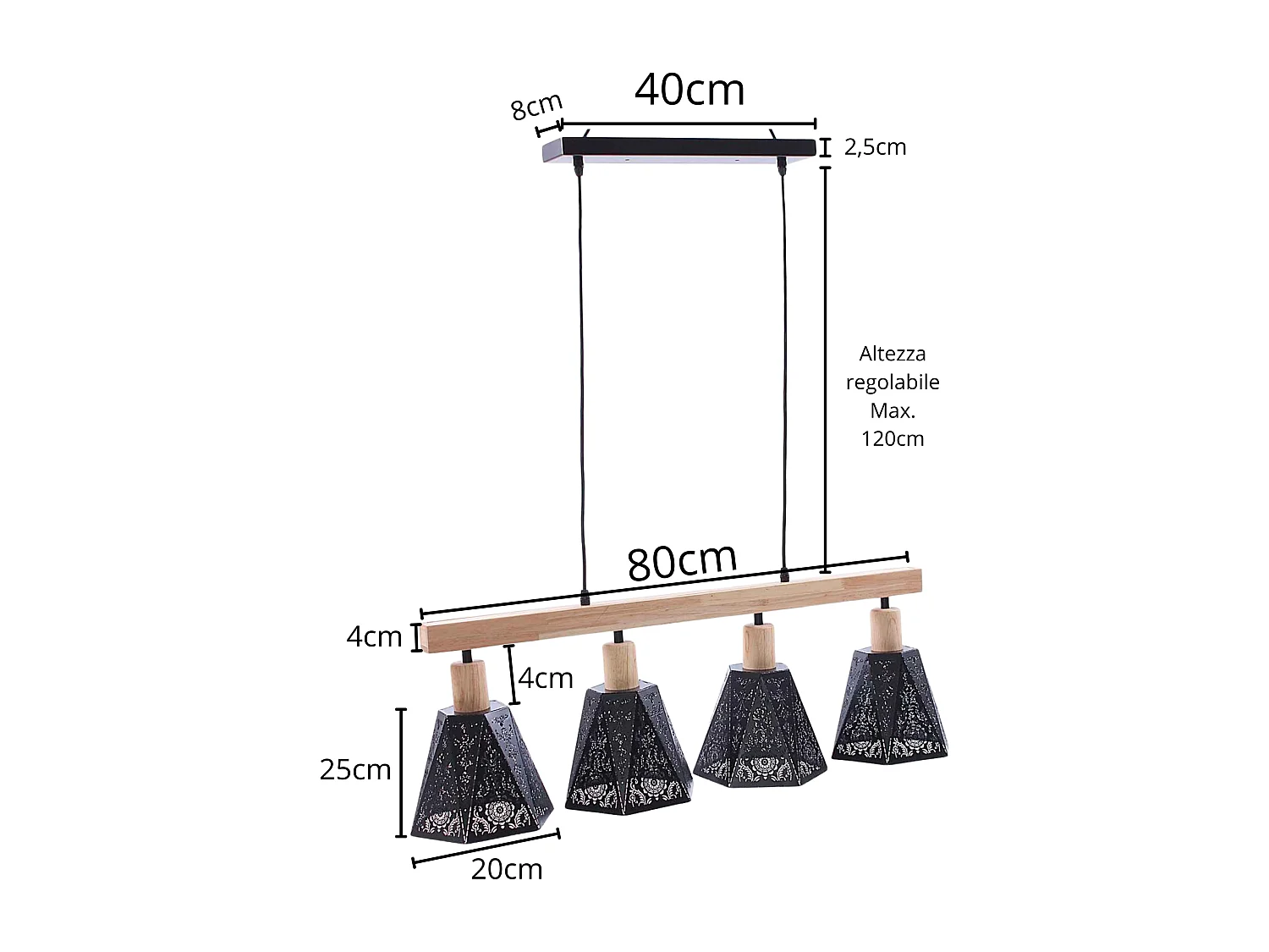 Lampadario in legno e metallo nero con 4 paralumi