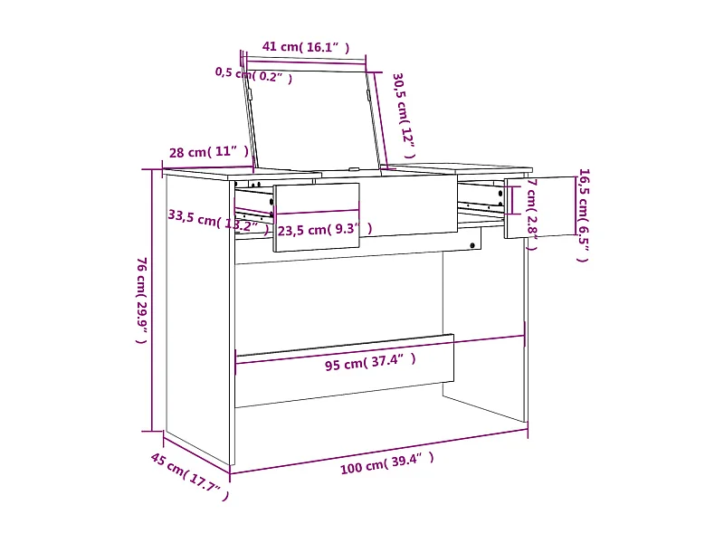 Nowoczesna Toaletka z Lustrem Dąb Sonoma 100x45x76 cm