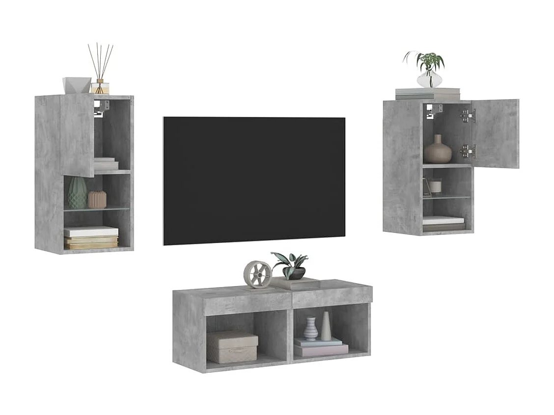 4-delige tv-wandmeubelset met LED-verlichting betongrijs