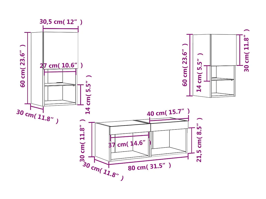 Meuble TV muraux 4 pcs avec lumières LED gris béton