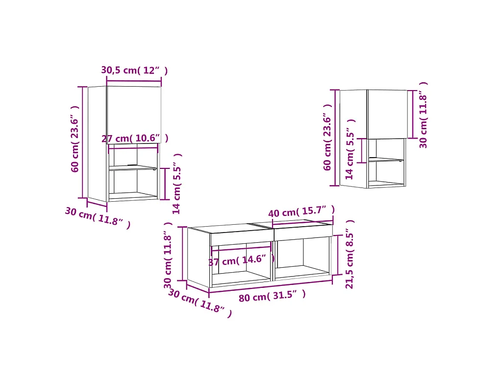 Mobili TV a Muro 4pz con Luci LED Grigio Cemento