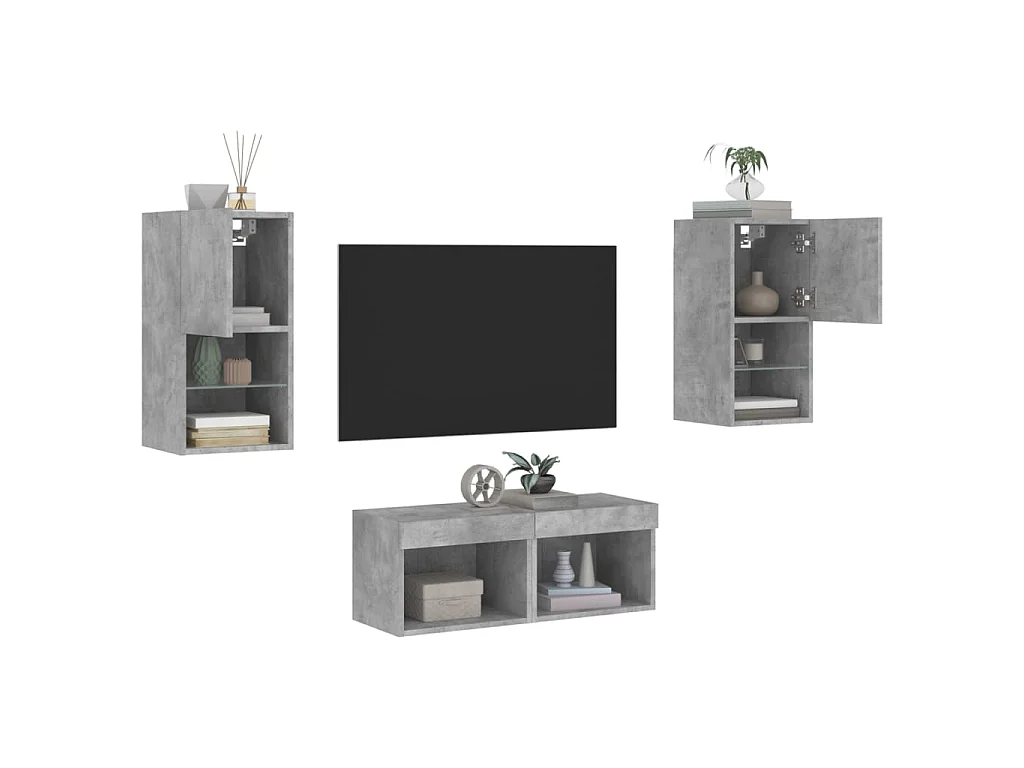 Mobili TV a Muro 4pz con Luci LED Grigio Cemento