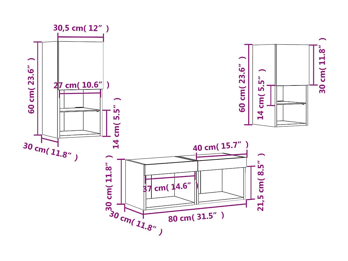 Meuble TV muraux 4 pcs avec lumières LED chêne fumé