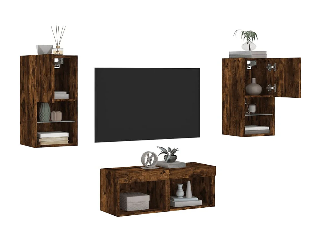 Meuble TV muraux 4 pcs avec lumières LED chêne fumé