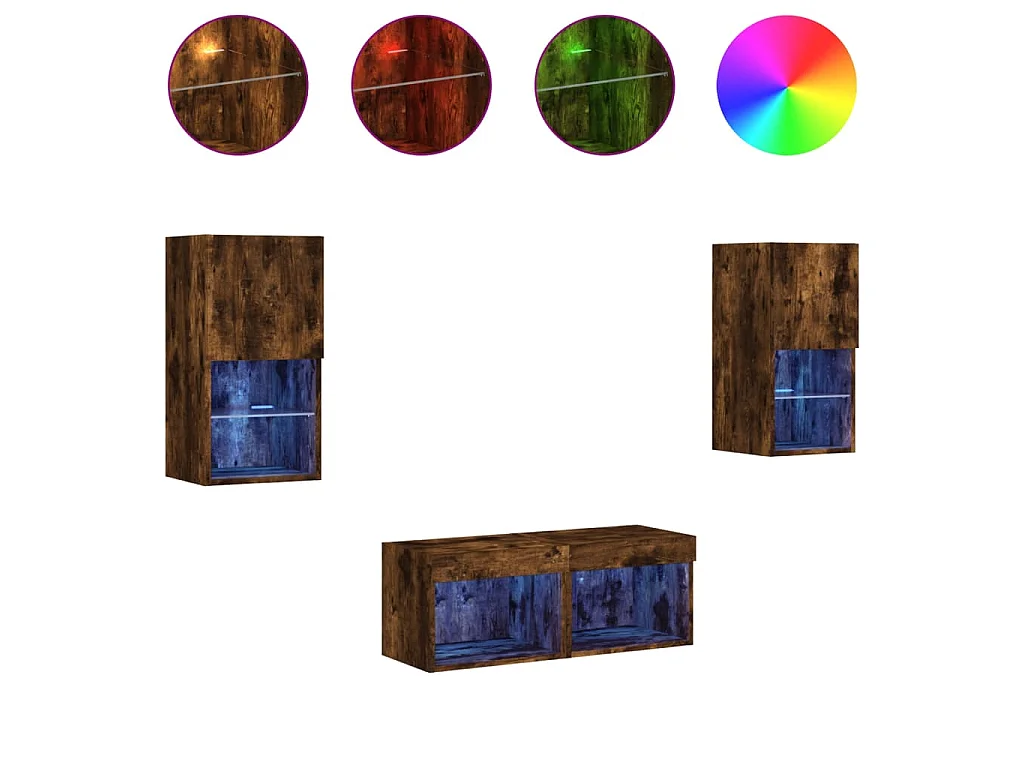 Mobili TV a Muro 4pz con Luci LED Rovere Fumo