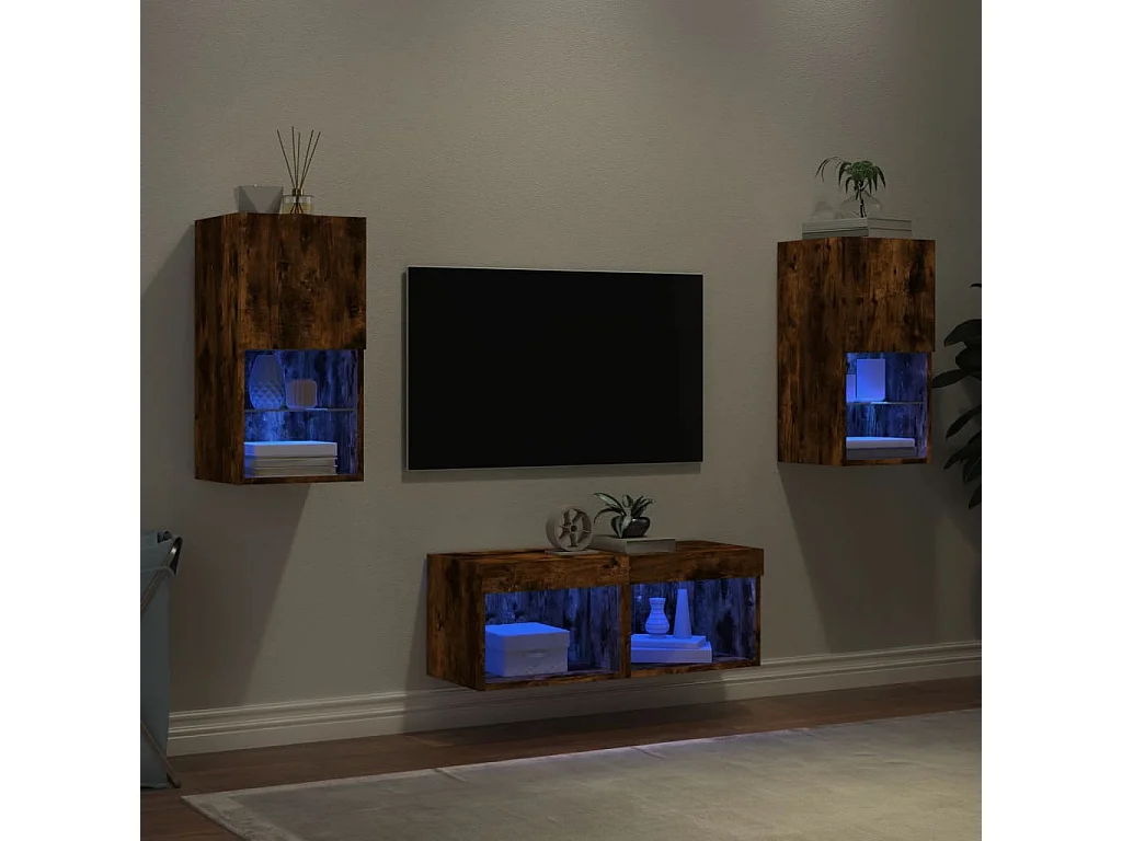 Mobili TV a Muro 4pz con Luci LED Rovere Fumo