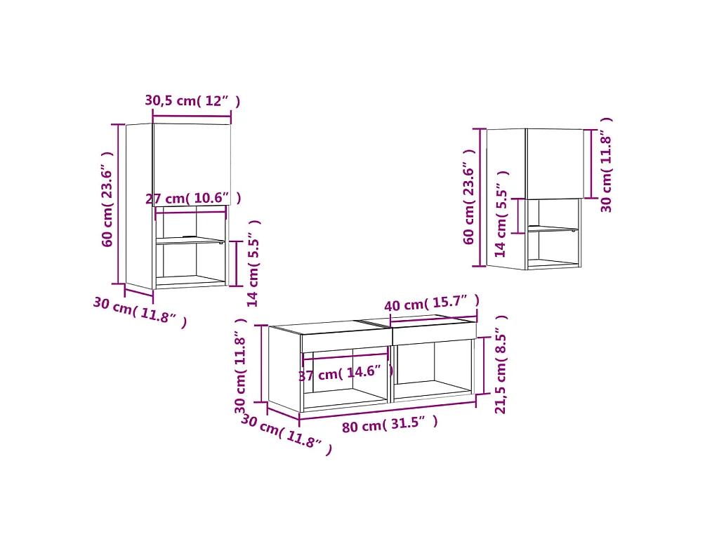 Mobili TV a Muro 4pz con Luci LED Rovere Fumo