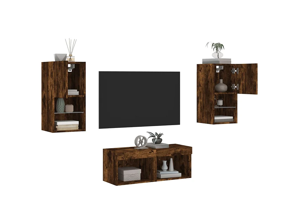 Mobili TV a Muro 4pz con Luci LED Rovere Fumo