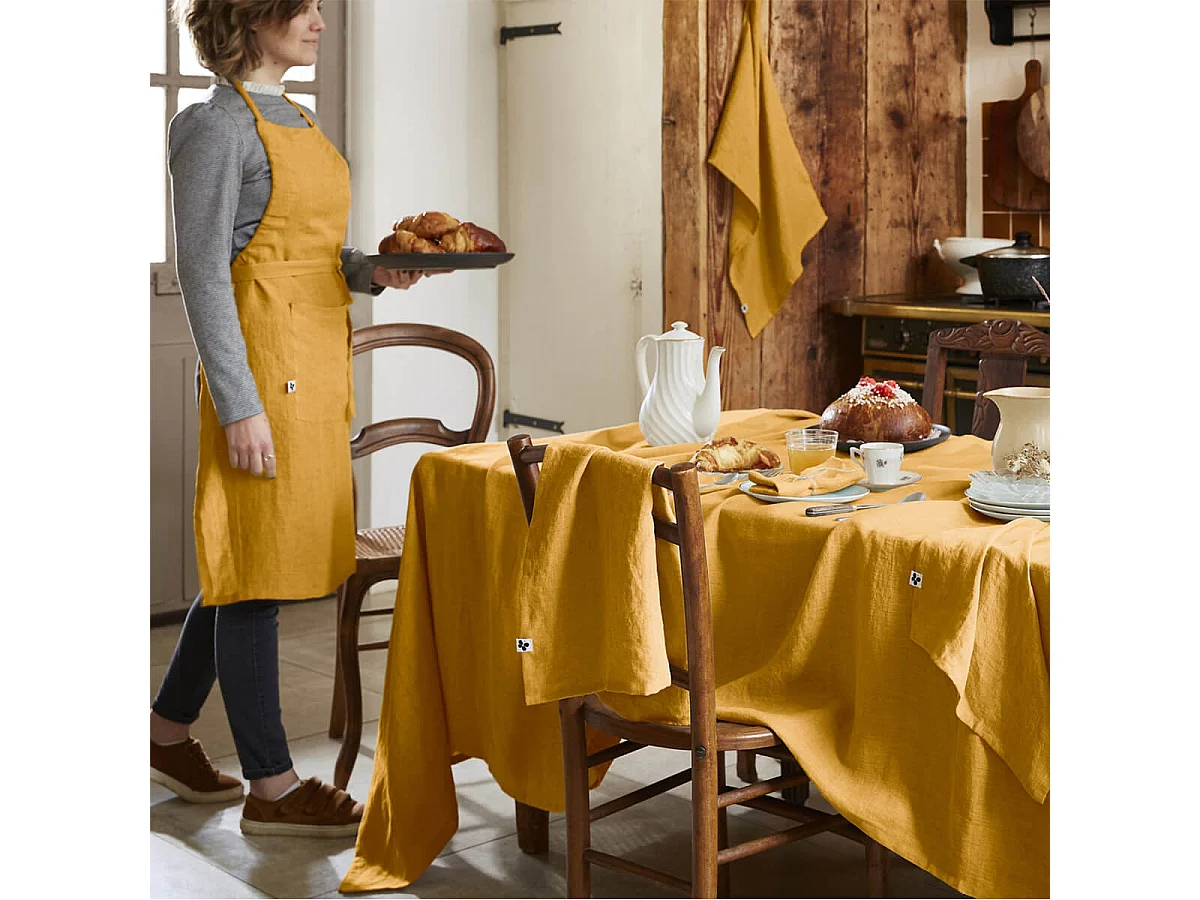 MARGAUX - Tablier Ajustable avec Poche 70x85cm Lin Lavé Coloris Miel