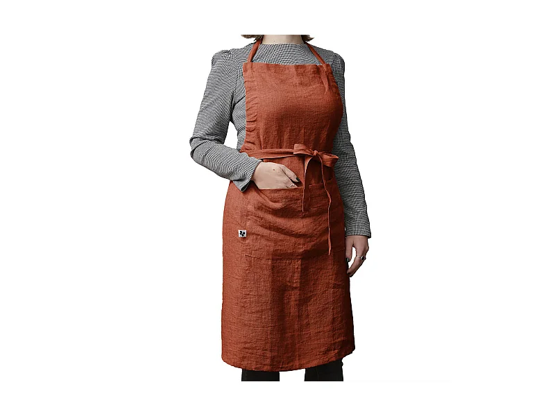 MARGAUX - Tablier Ajustable avec Poche 70x85cm Lin Lavé Coloris Paprika