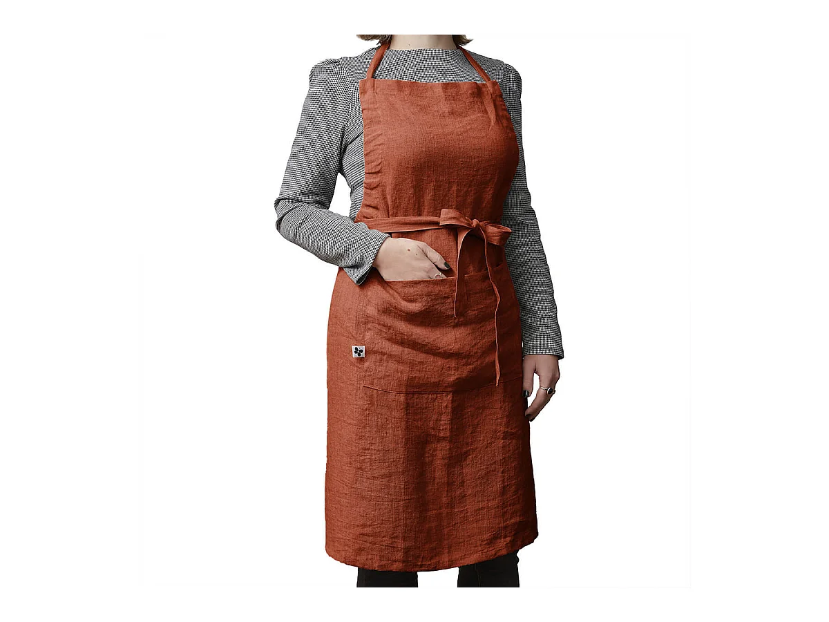 MARGAUX - Tablier Ajustable avec Poche 70x85cm Lin Lavé Coloris Paprika