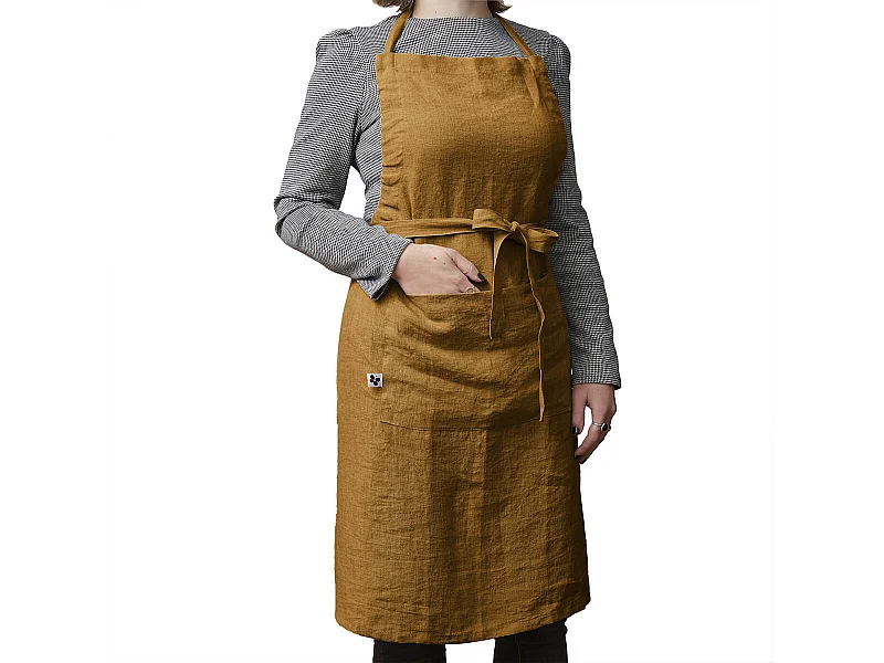 MARGAUX - Tablier Ajustable avec Poche 70x85cm Lin Lavé Coloris Caramel