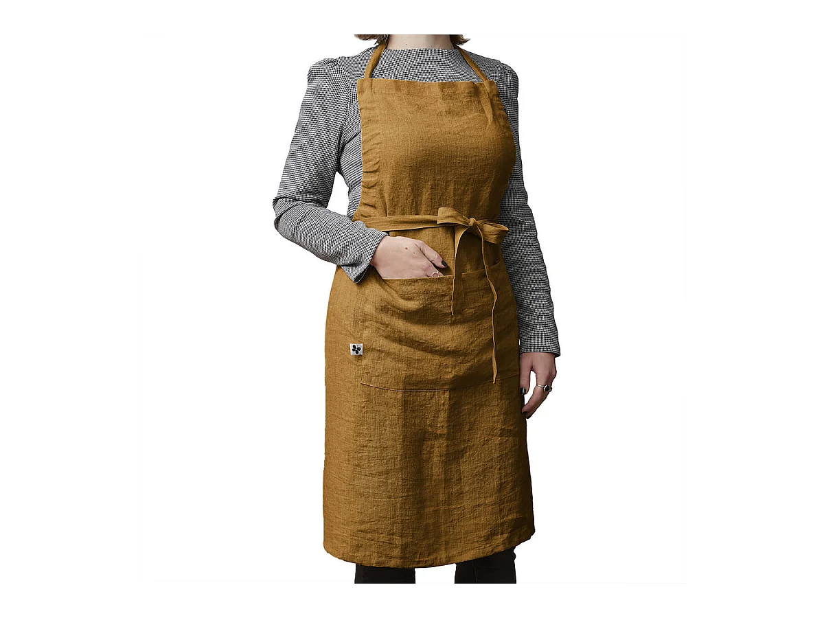 MARGAUX - Tablier Ajustable avec Poche 70x85cm Lin Lavé Coloris Caramel