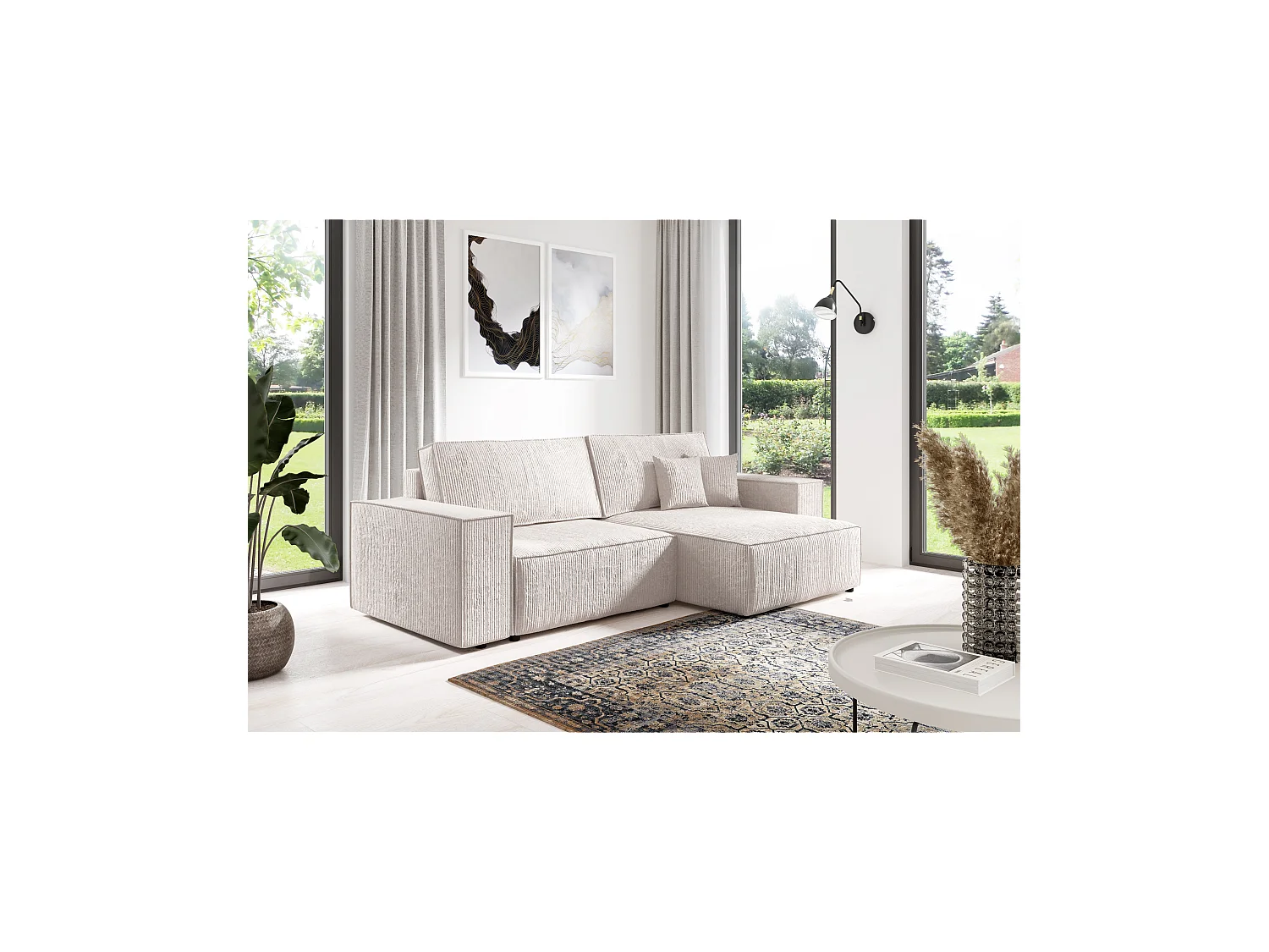 Canapé d'angle convertible 4 places en tissu côtelé orange MILLE