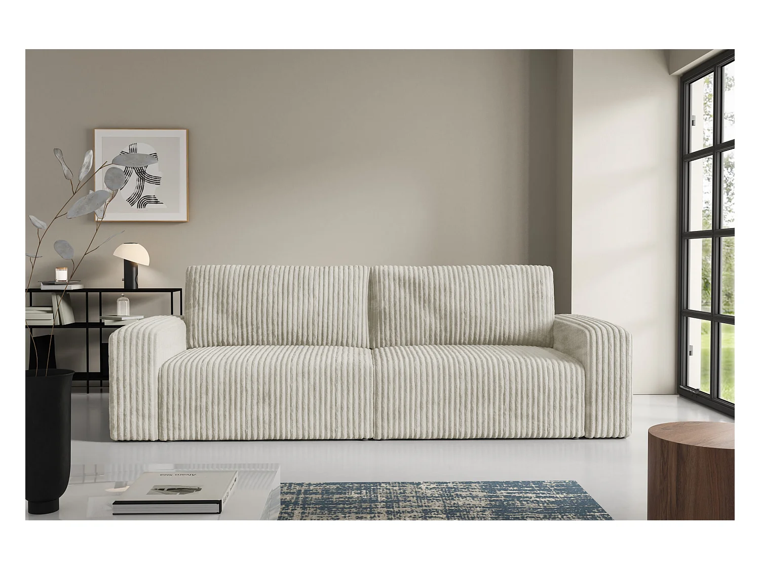 Slaapbank 4-zits in geribde fluweel FANO Beige