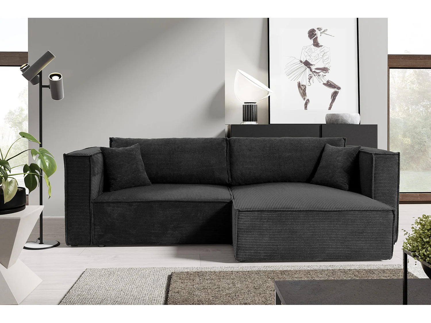 Canapé d'angle convertible en velours côtelé KEYMON Noir