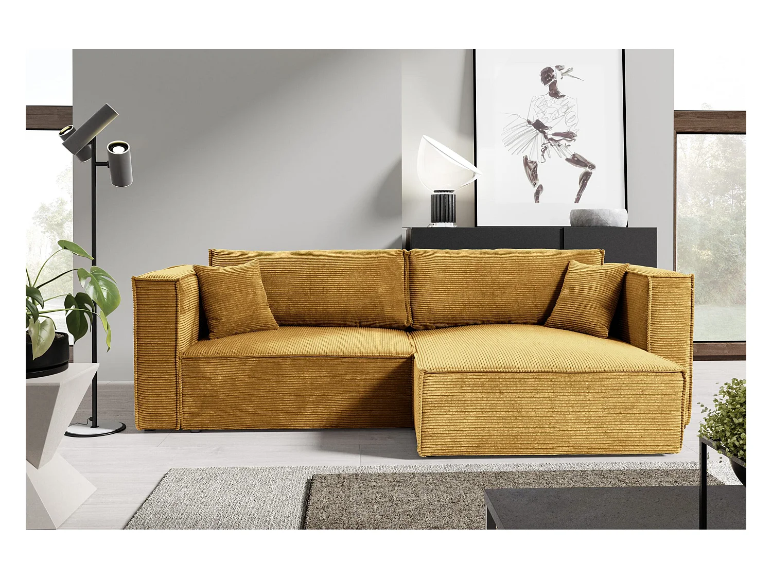 Canapé d'angle convertible en velours côtelé KEYMON beige