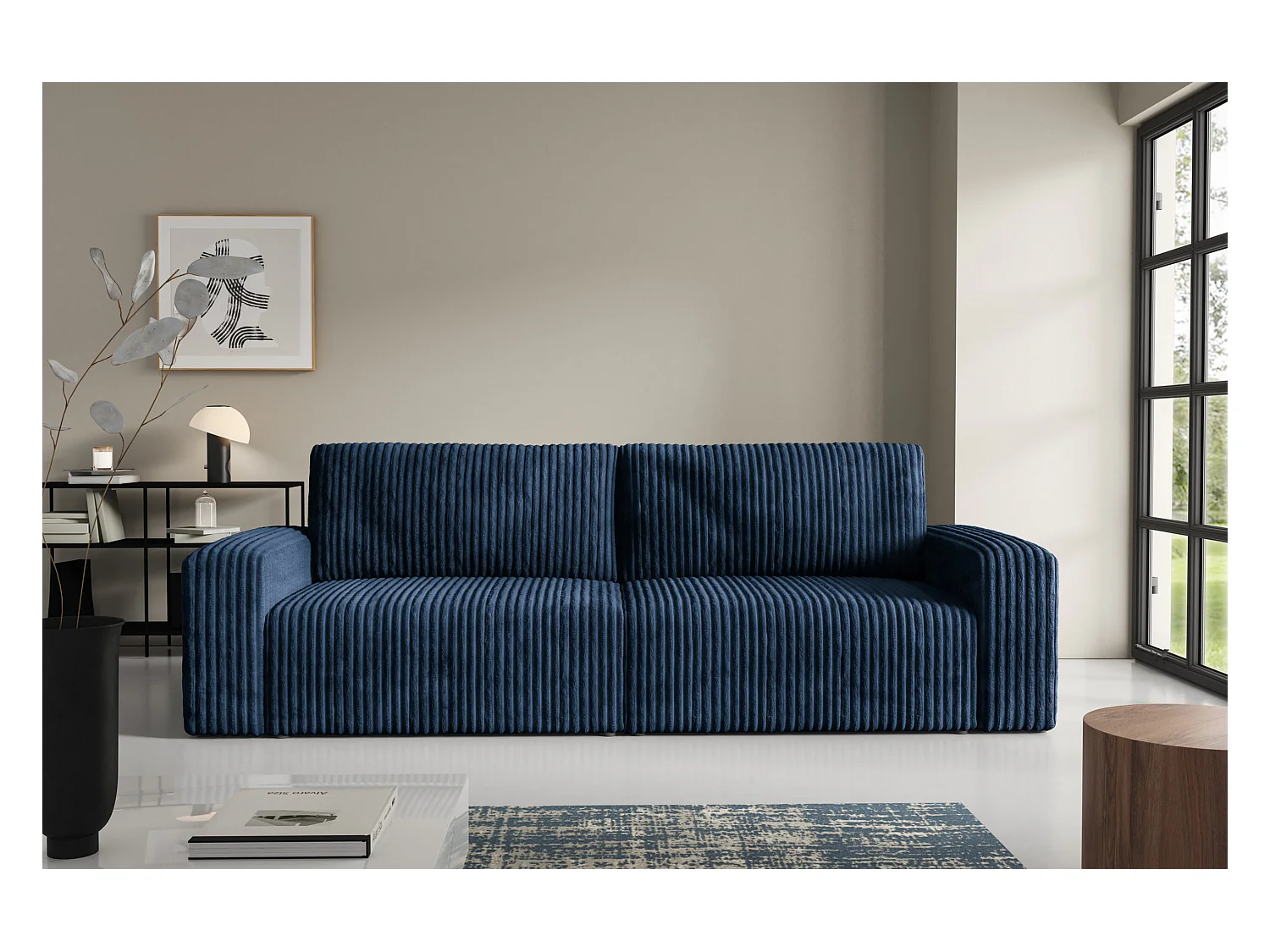 Slaapbank 4-zits in geribde fluweel FANO Blauw