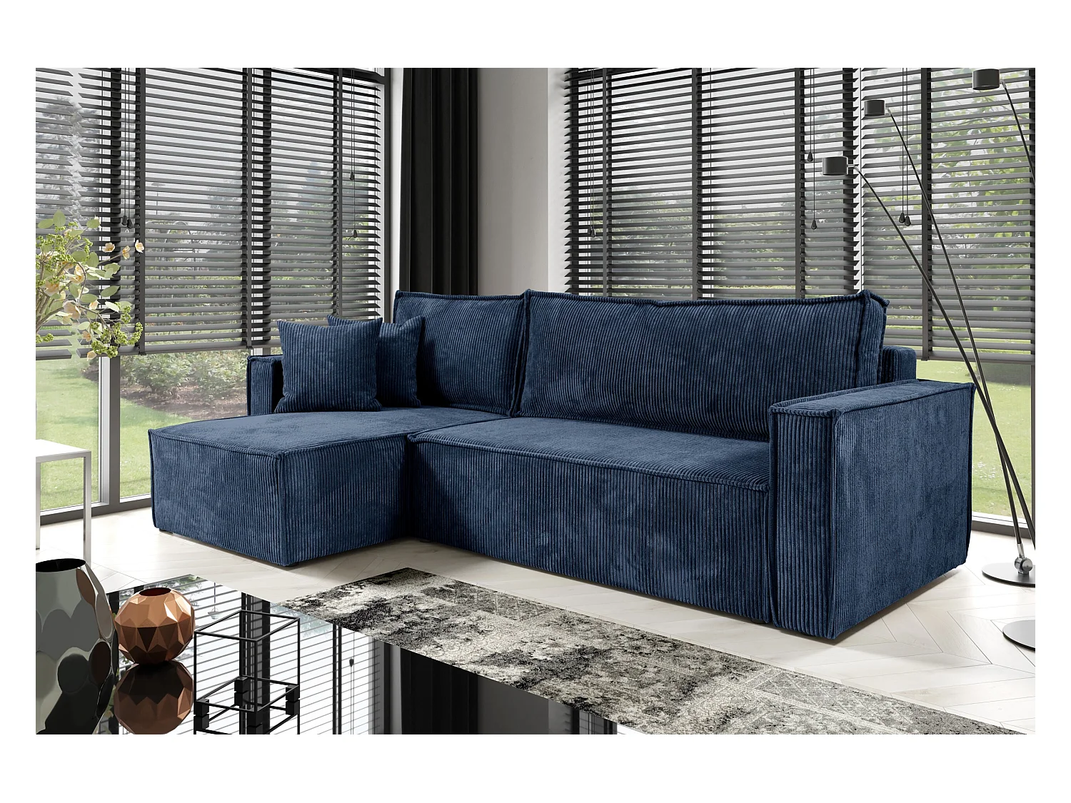 Hoekbankbed in ribfluweel JIMMY Blauw
