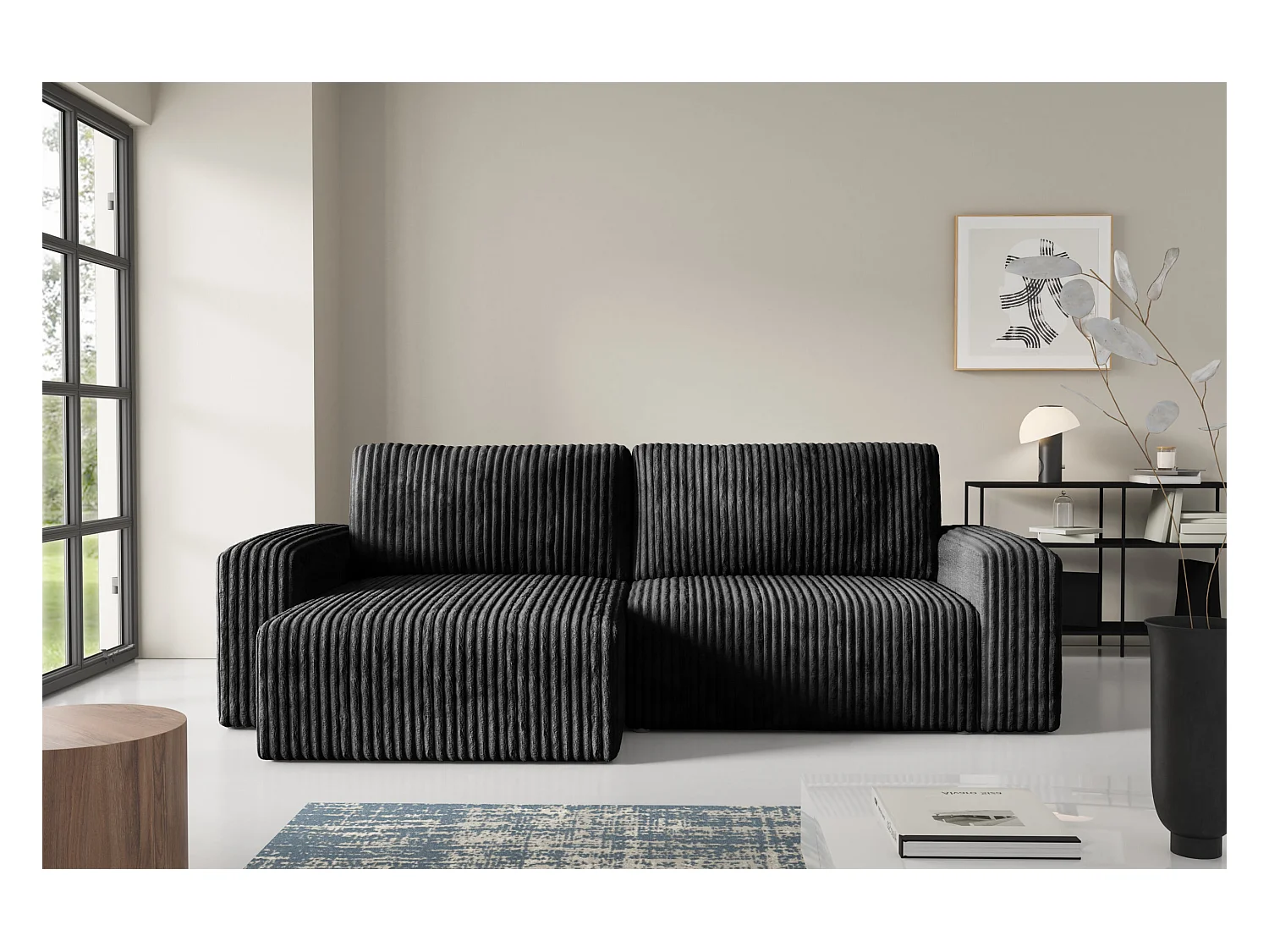 Hoekbankbed in ribfluweel FANO Zwart