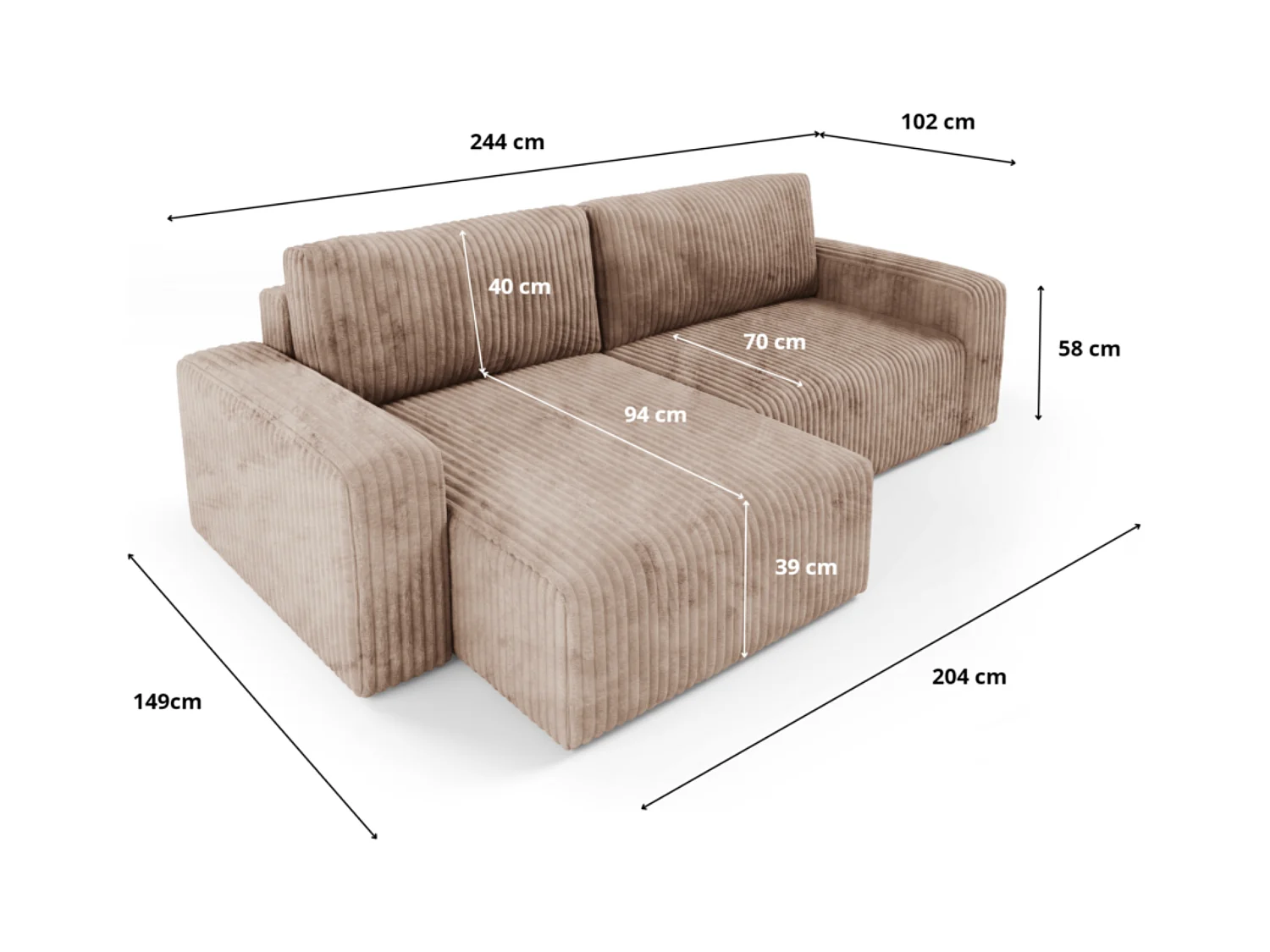 Canapé d'angle convertible Cord FANO Beige