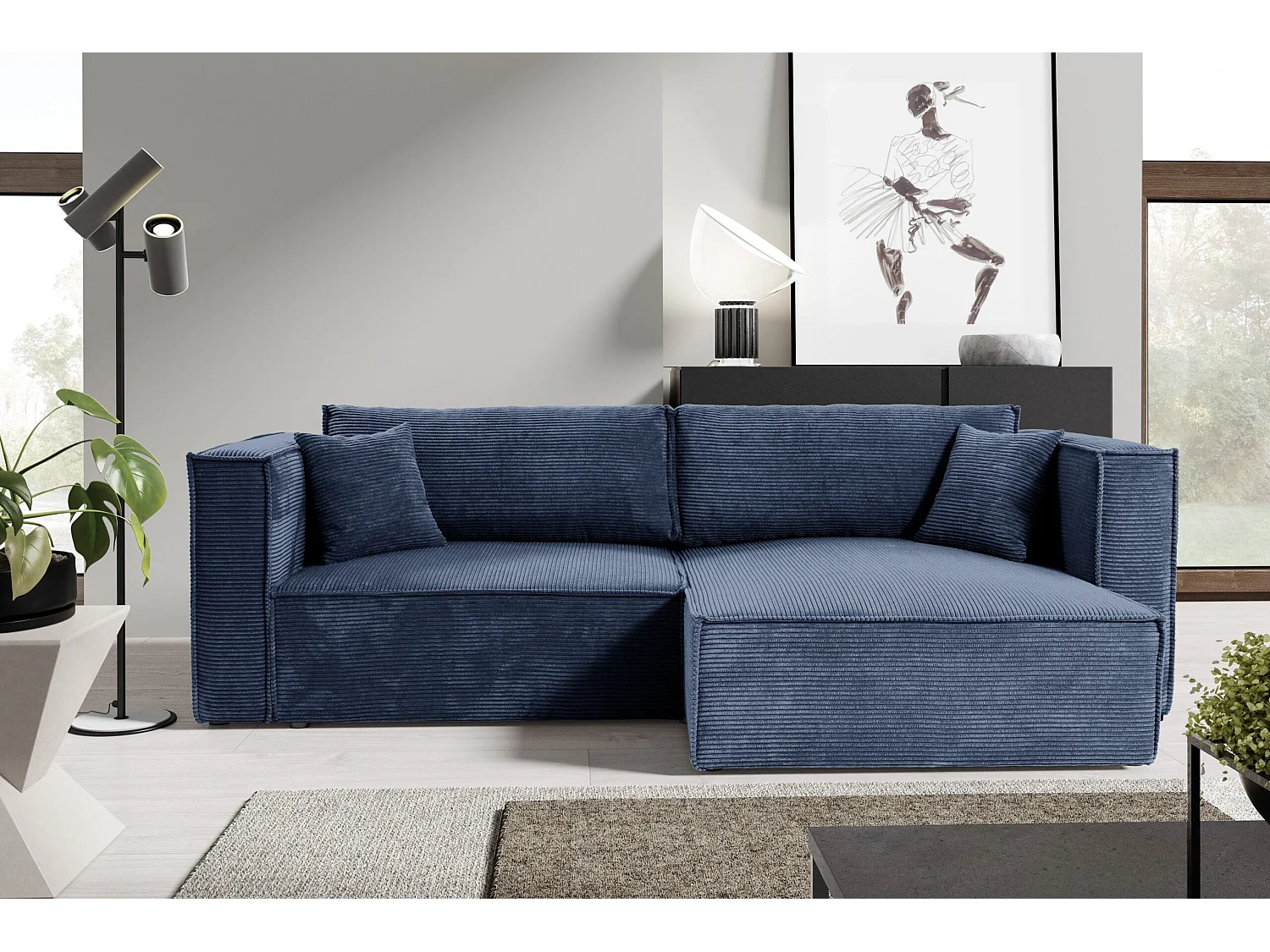 Canapé d'angle convertible en velours côtelé KEYMON Bleu
