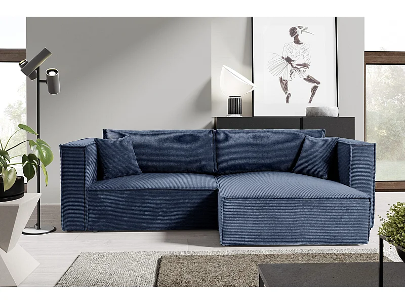 Hoekbankbed in geribde fluweel KEYMON Blauw