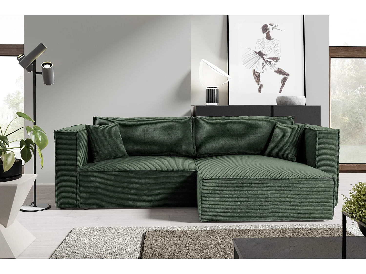 Canapé d'angle convertible en velours côtelé KEYMON Vert