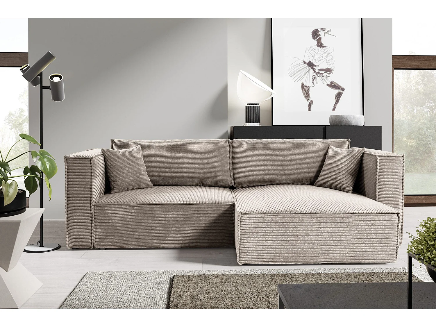 Canapé d'angle convertible en velours côtelé KEYMON Gris