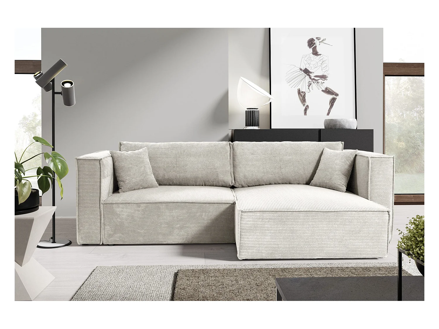 Canapé d'angle convertible en velours côtelé KEYMON Beige